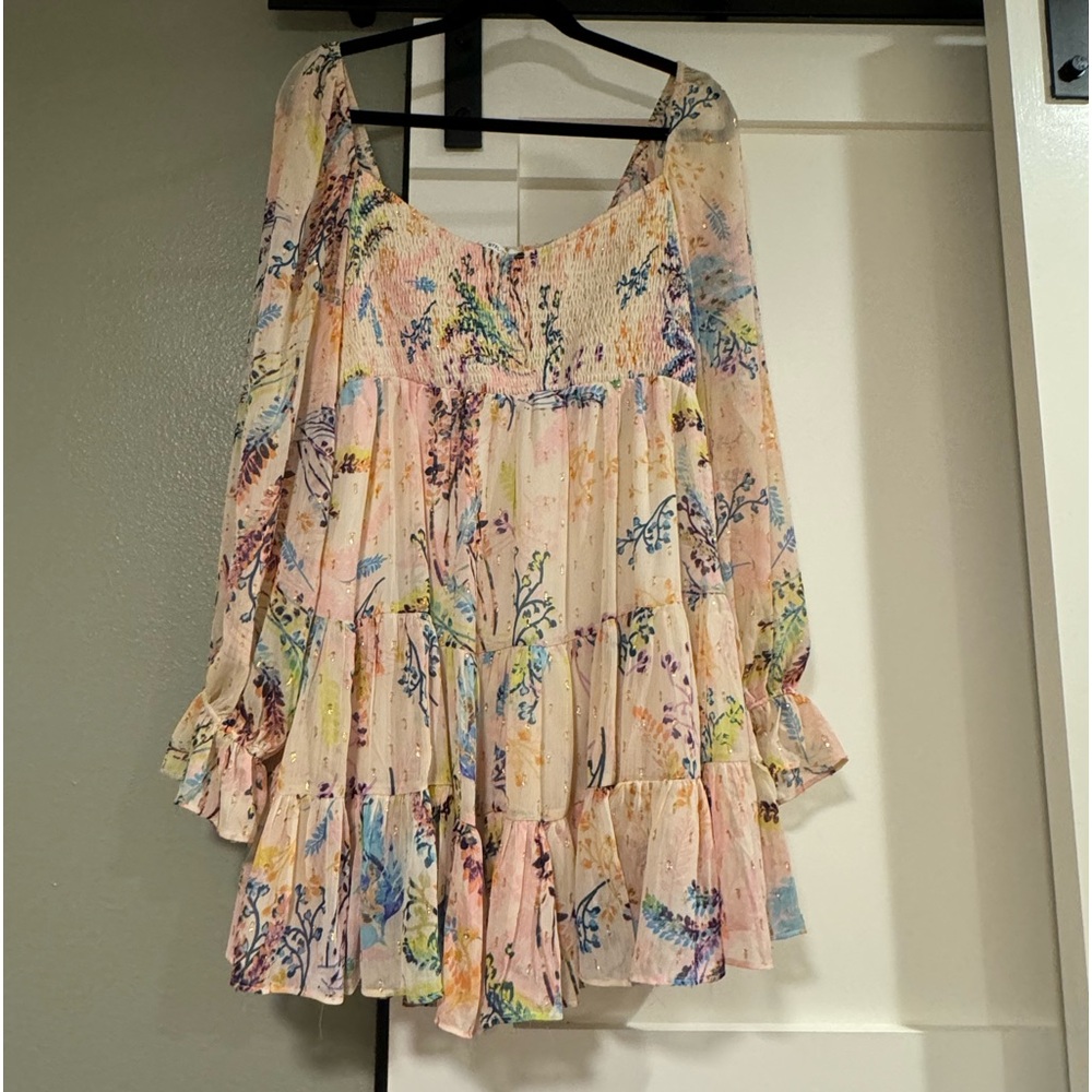 BTFL-Life Floral Metallic Dot Long Sleeve Babydoll Dress